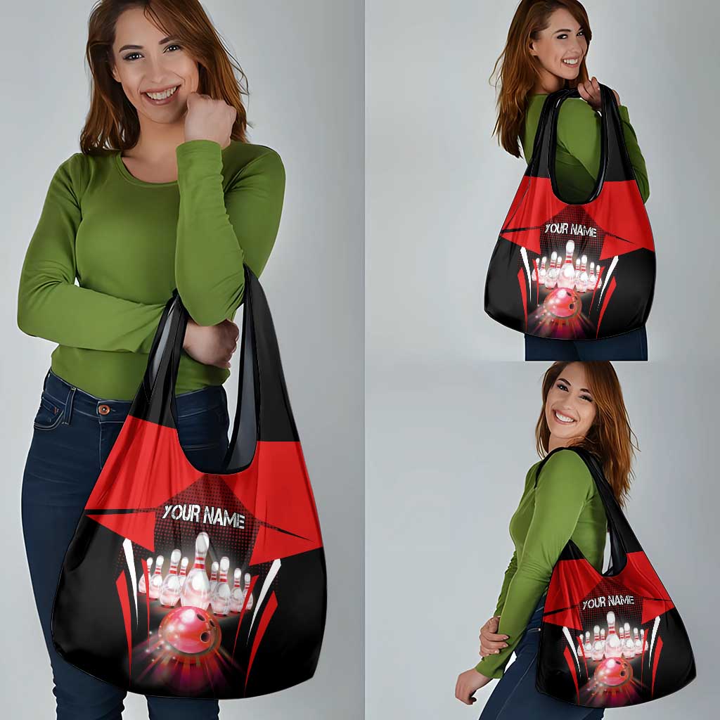Red Bowling Strike Graphic Grocery Bag with Pins and Ball and Custom Name Design - Wonder Print Shop