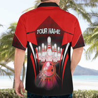 Red Bowling Strike Graphic Hawaiian Shirt with Pins and Ball and Custom Name Design - Wonder Print Shop