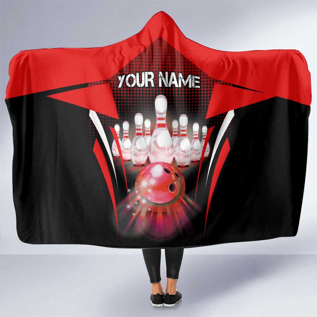 Red Bowling Strike Graphic Hooded Blanket with Pins and Ball and Custom Name Design - Wonder Print Shop