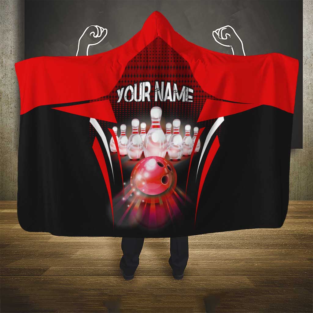 Red Bowling Strike Graphic Hooded Blanket with Pins and Ball and Custom Name Design - Wonder Print Shop