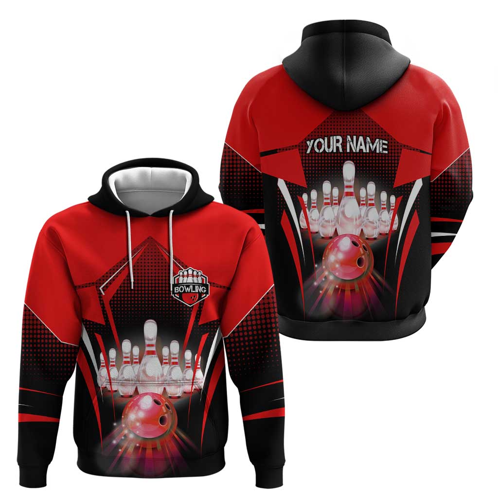 Red Bowling Strike Graphic Hoodie with Pins and Ball and Custom Name Design - Wonder Print Shop