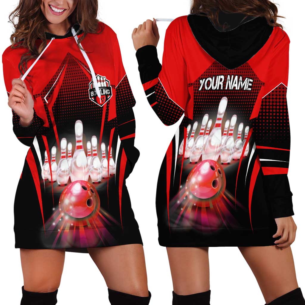 Red Bowling Strike Graphic Hoodie Dress with Pins and Ball and Custom Name Design - Wonder Print Shop