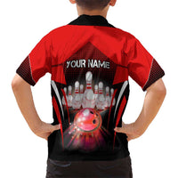 Red Bowling Strike Graphic Kid Hawaiian Shirt with Pins and Ball and Custom Name Design - Wonder Print Shop