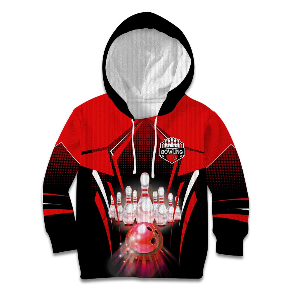 Red Bowling Strike Graphic Kid Hoodie with Pins and Ball and Custom Name Design - Wonder Print Shop