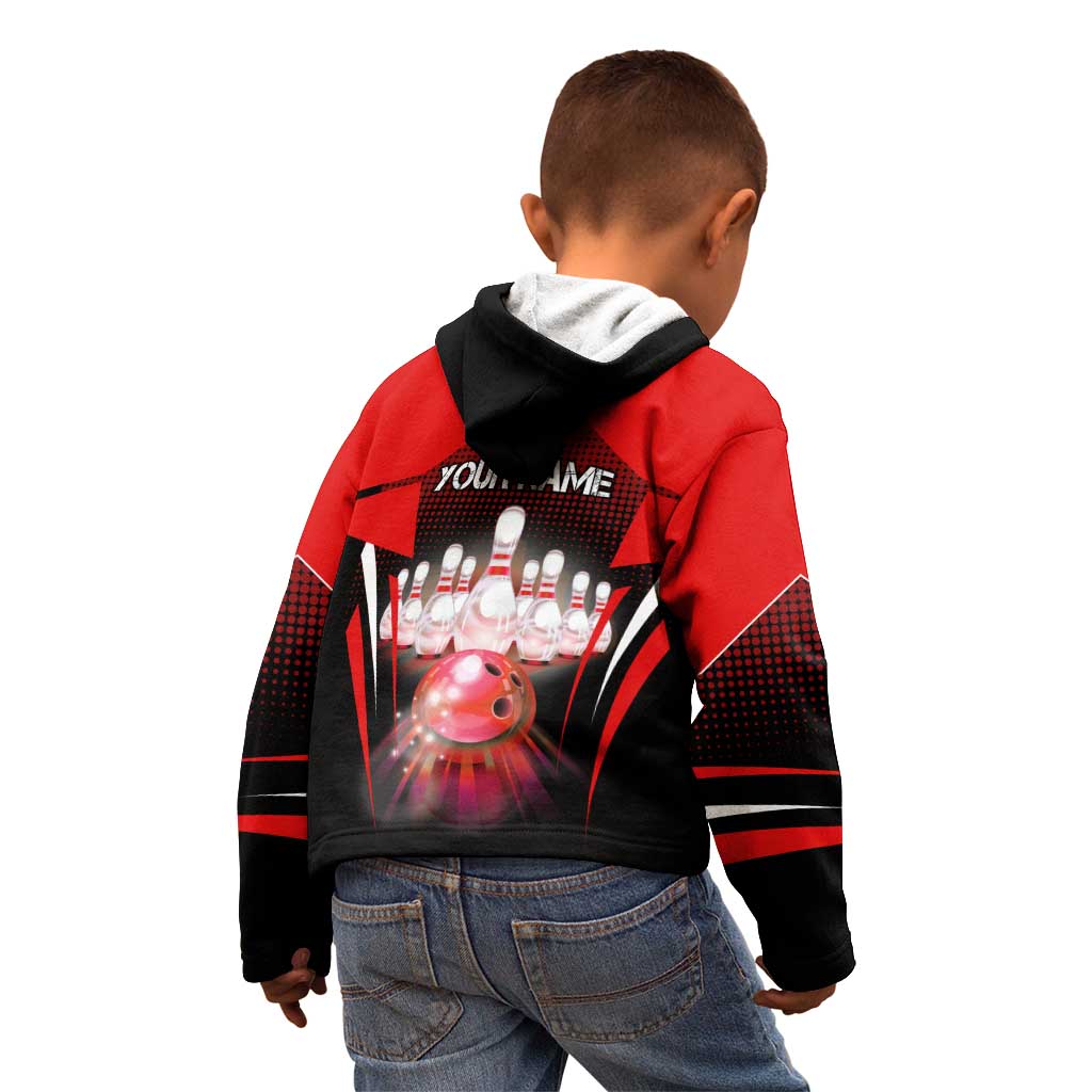 Red Bowling Strike Graphic Kid Hoodie with Pins and Ball and Custom Name Design - Wonder Print Shop