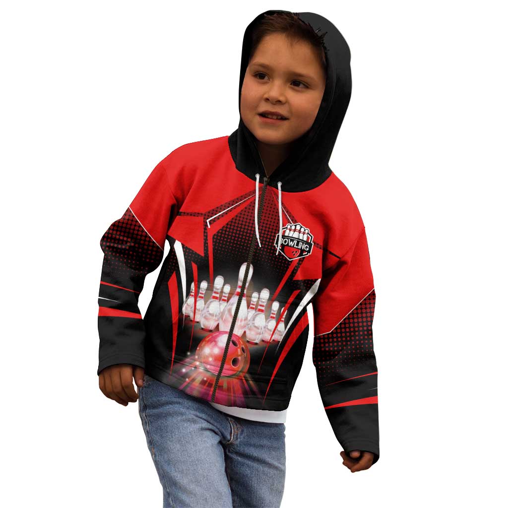 Red Bowling Strike Graphic Kid Hoodie with Pins and Ball and Custom Name Design - Wonder Print Shop