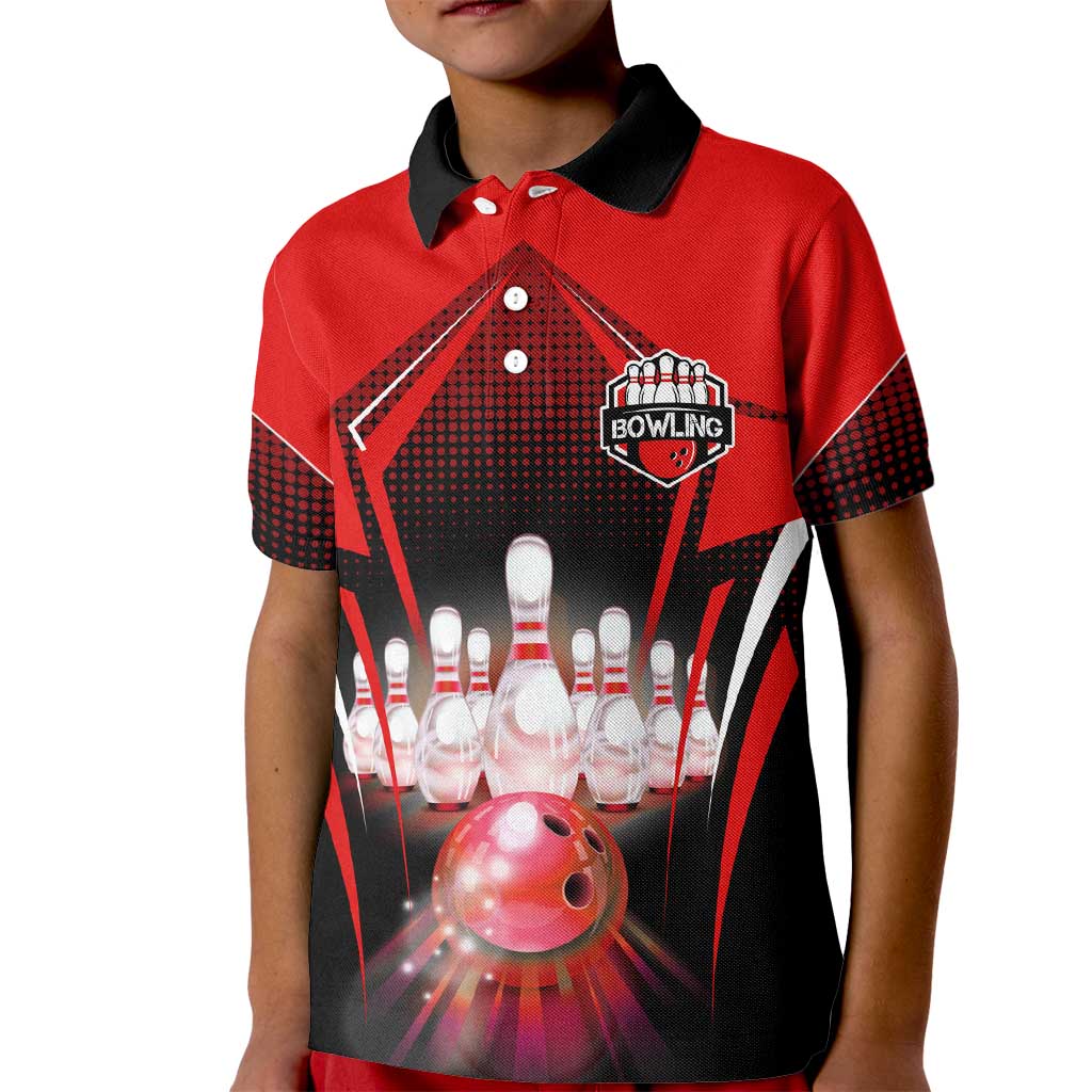 Red Bowling Strike Graphic Kid Polo Shirt with Pins and Ball and Custom Name Design - Wonder Print Shop