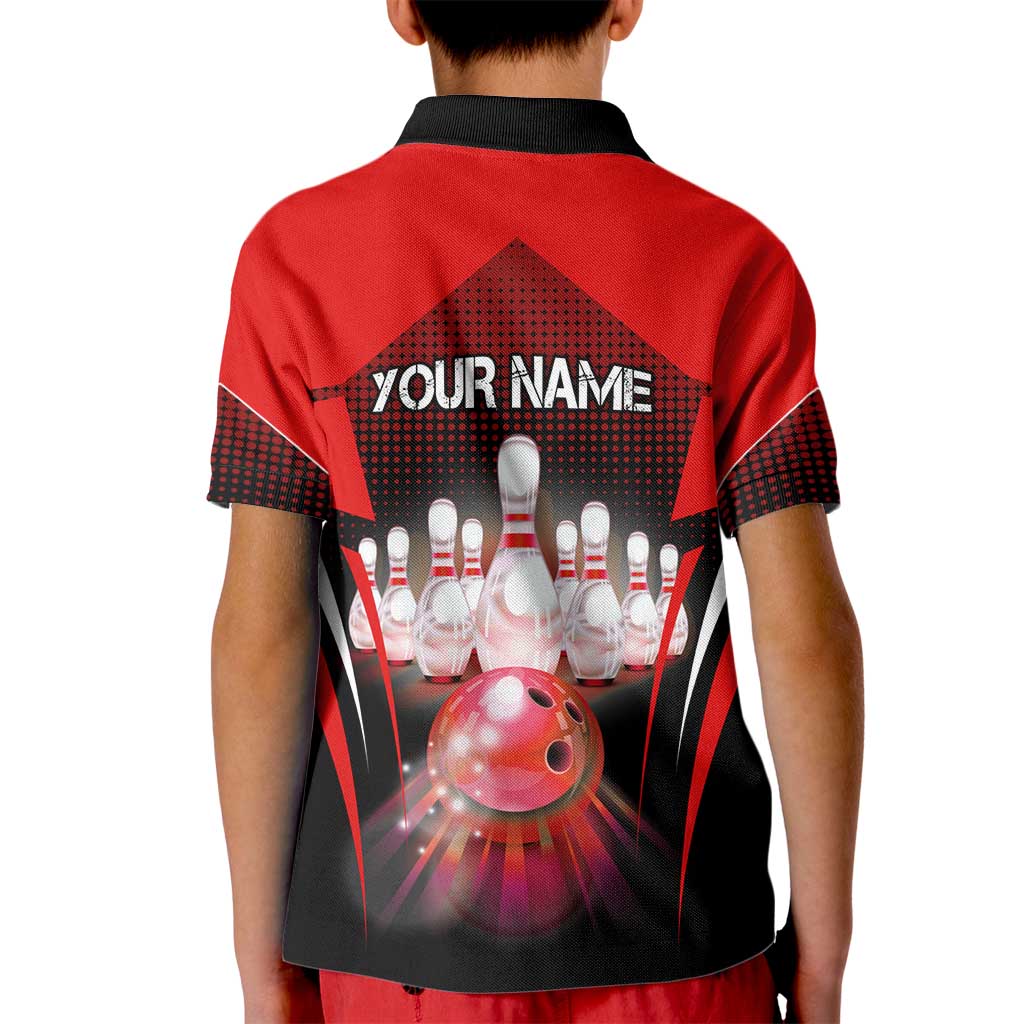 Red Bowling Strike Graphic Kid Polo Shirt with Pins and Ball and Custom Name Design - Wonder Print Shop
