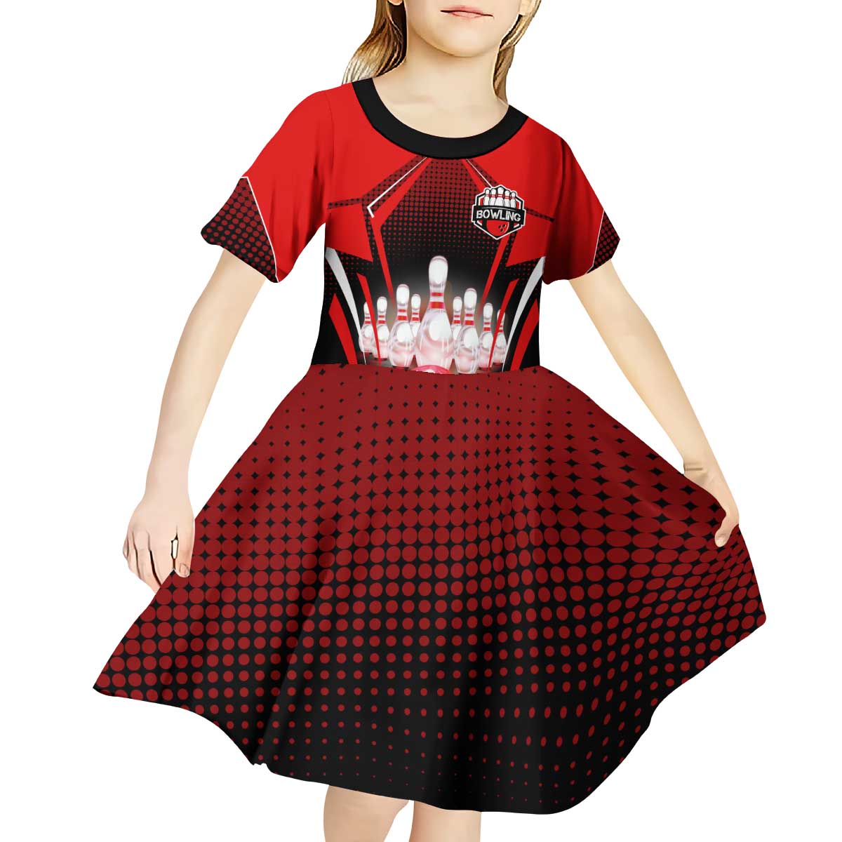 Red Bowling Strike Graphic Kid Short Sleeve Dress with Pins and Ball and Custom Name Design - Wonder Print Shop