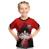 Red Bowling Strike Graphic Kid T Shirt with Pins and Ball and Custom Name Design - Wonder Print Shop