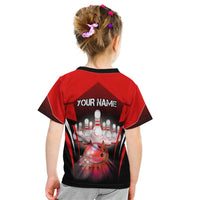 Red Bowling Strike Graphic Kid T Shirt with Pins and Ball and Custom Name Design - Wonder Print Shop