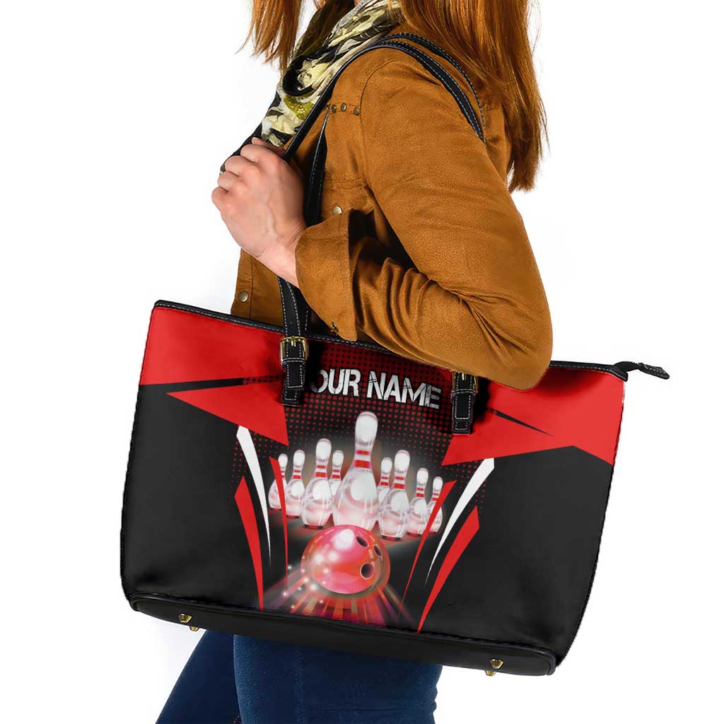 Red Bowling Strike Graphic Leather Tote Bag with Pins and Ball and Custom Name Design - Wonder Print Shop