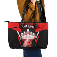 Red Bowling Strike Graphic Leather Tote Bag with Pins and Ball and Custom Name Design - Wonder Print Shop