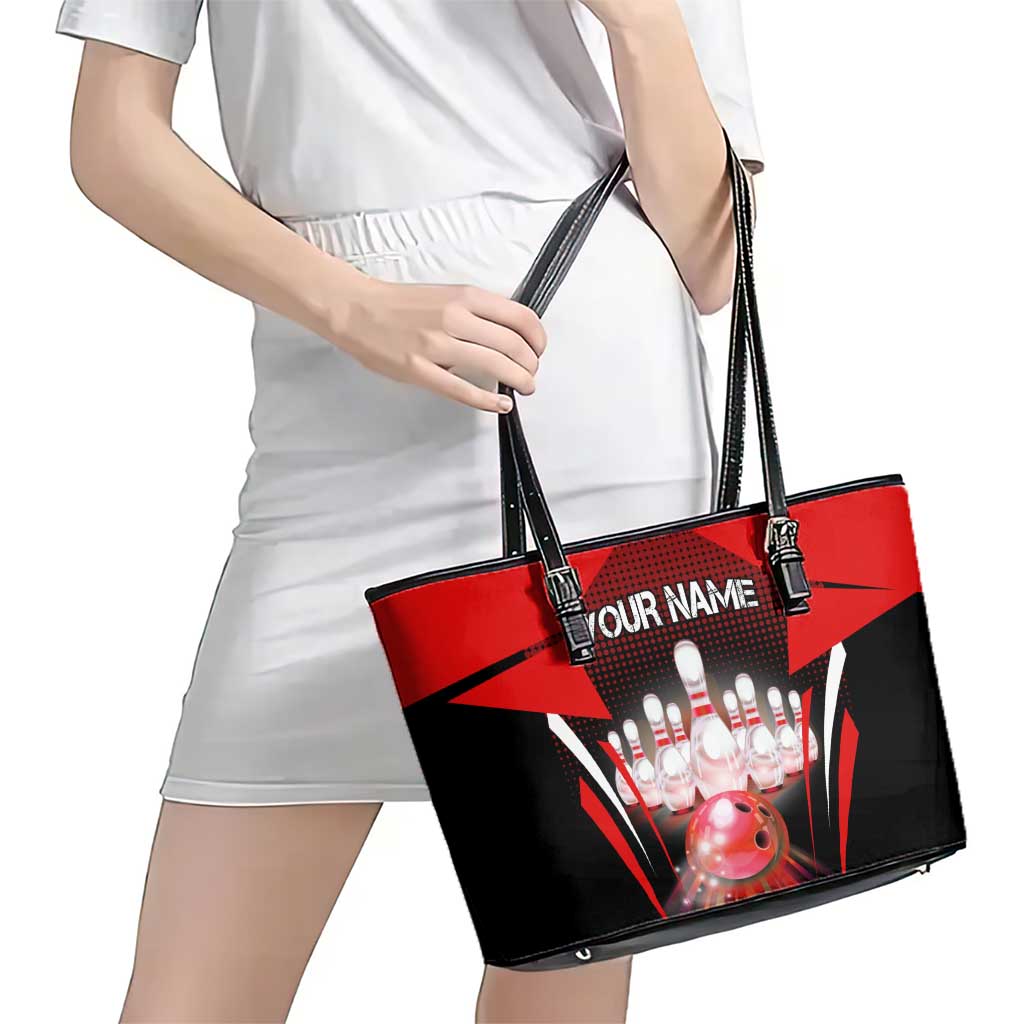 Red Bowling Strike Graphic Leather Tote Bag with Pins and Ball and Custom Name Design - Wonder Print Shop