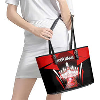 Red Bowling Strike Graphic Leather Tote Bag with Pins and Ball and Custom Name Design - Wonder Print Shop