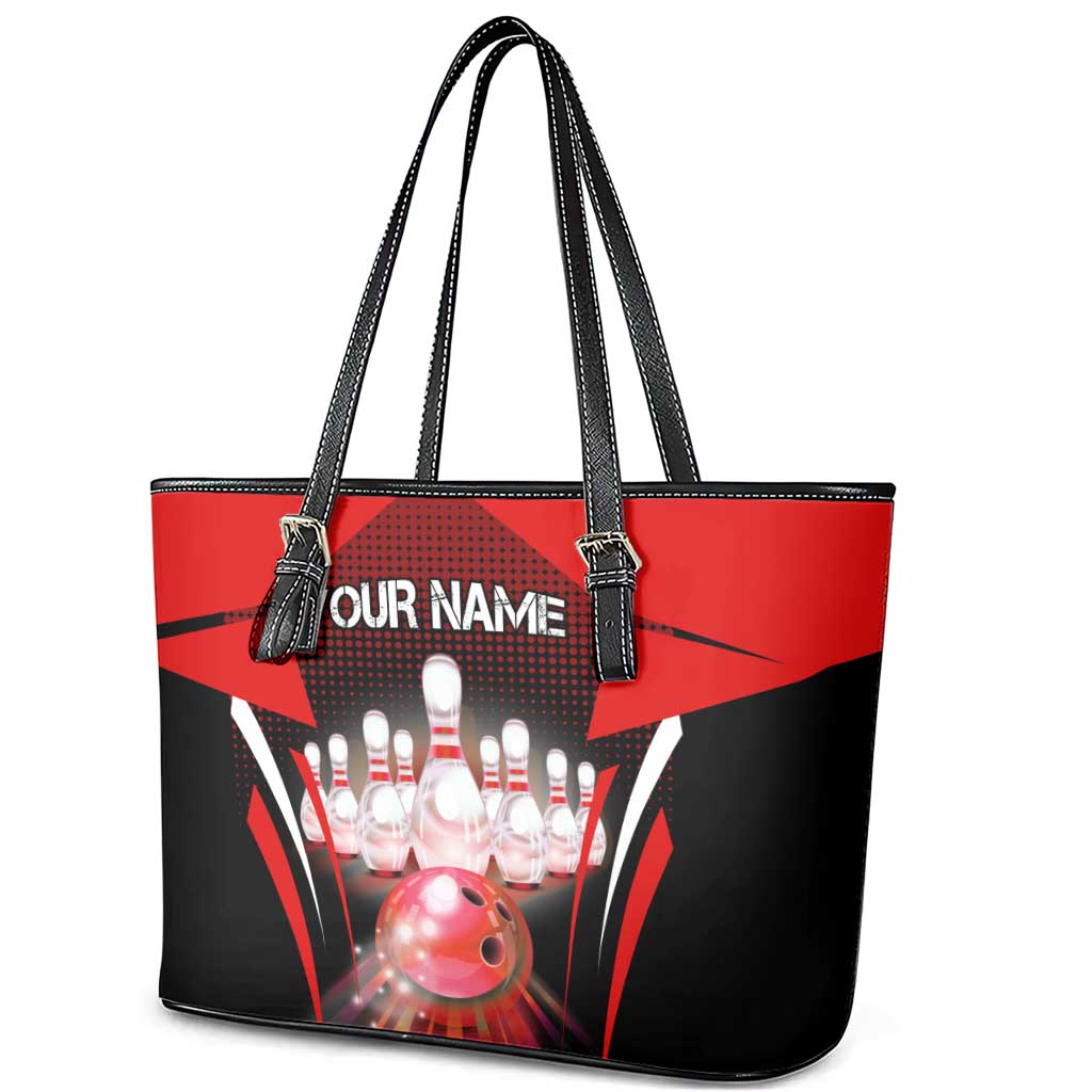 Red Bowling Strike Graphic Leather Tote Bag with Pins and Ball and Custom Name Design - Wonder Print Shop