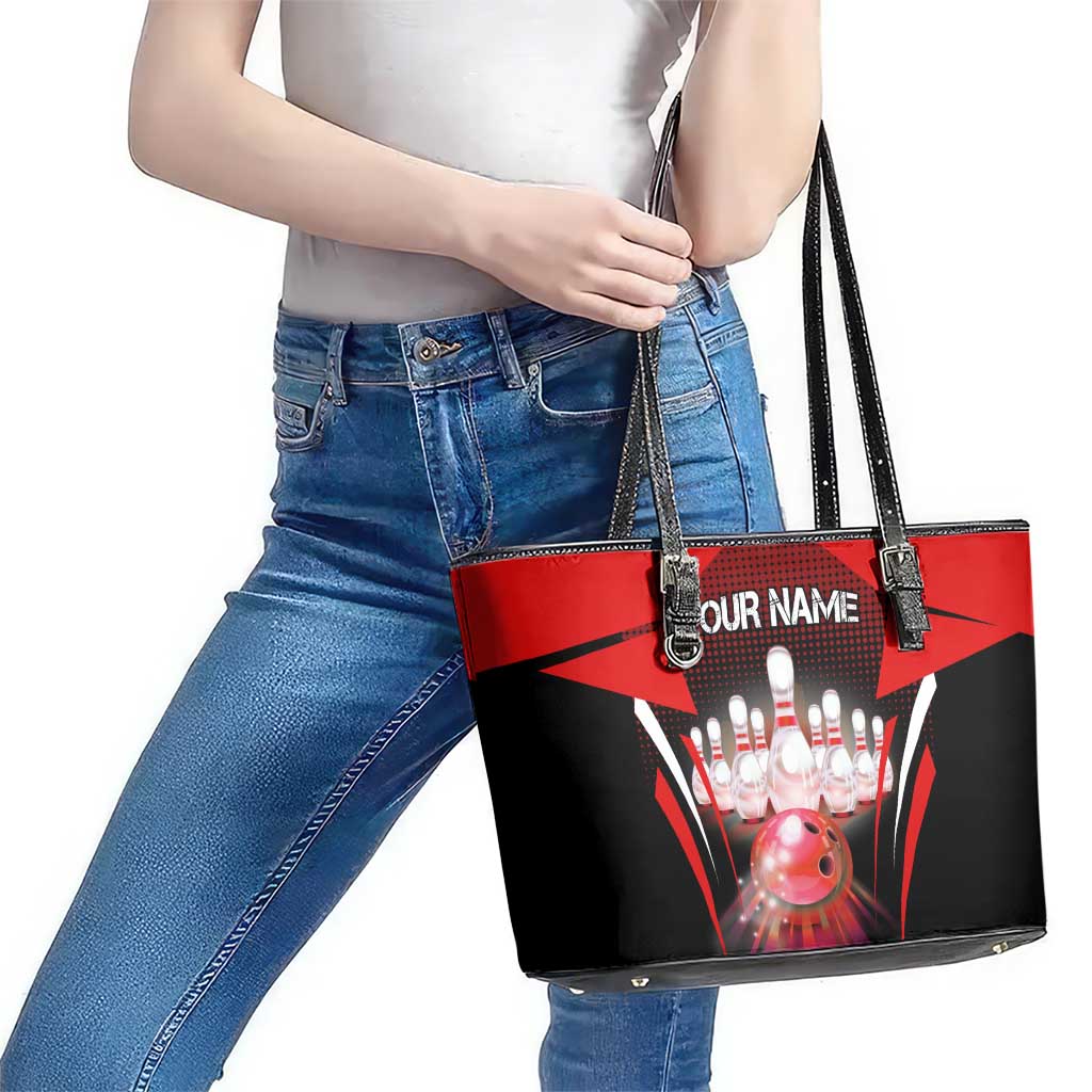 Red Bowling Strike Graphic Leather Tote Bag with Pins and Ball and Custom Name Design - Wonder Print Shop