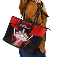 Red Bowling Strike Graphic Leather Tote Bag with Pins and Ball and Custom Name Design - Wonder Print Shop