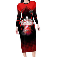 Red Bowling Strike Graphic Long Sleeve Bodycon Dress with Pins and Ball and Custom Name Design - Wonder Print Shop