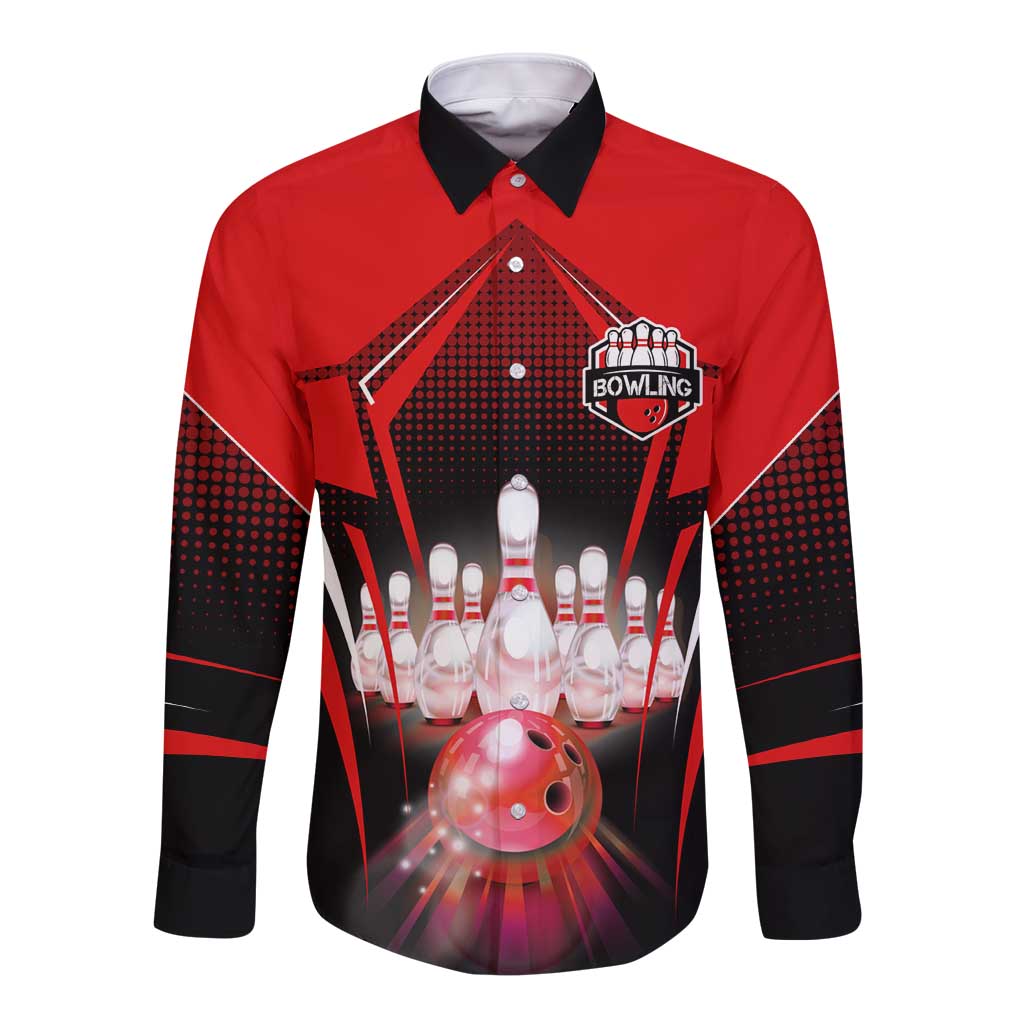 Red Bowling Strike Graphic Long Sleeve Button Shirt with Pins and Ball and Custom Name Design - Wonder Print Shop
