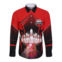 Red Bowling Strike Graphic Long Sleeve Button Shirt with Pins and Ball and Custom Name Design - Wonder Print Shop