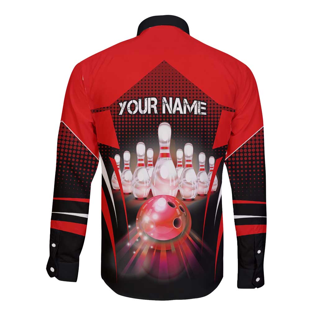 Red Bowling Strike Graphic Long Sleeve Button Shirt with Pins and Ball and Custom Name Design - Wonder Print Shop