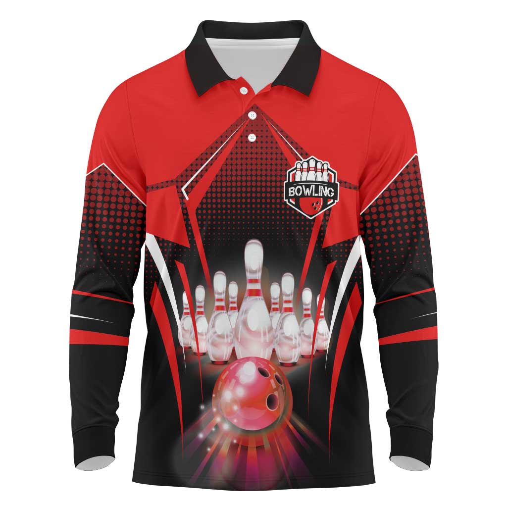 Red Bowling Strike Graphic Long Sleeve Polo Shirt with Pins and Ball and Custom Name Design - Wonder Print Shop