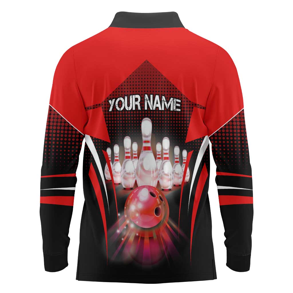 Red Bowling Strike Graphic Long Sleeve Polo Shirt with Pins and Ball and Custom Name Design - Wonder Print Shop