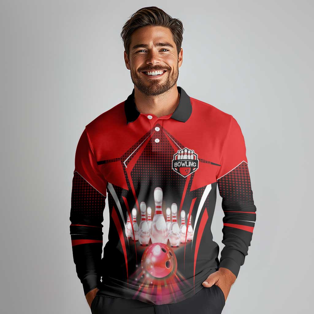 Red Bowling Strike Graphic Long Sleeve Polo Shirt with Pins and Ball and Custom Name Design - Wonder Print Shop