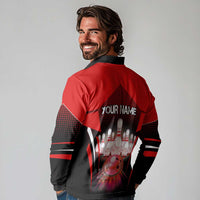 Red Bowling Strike Graphic Long Sleeve Polo Shirt with Pins and Ball and Custom Name Design - Wonder Print Shop