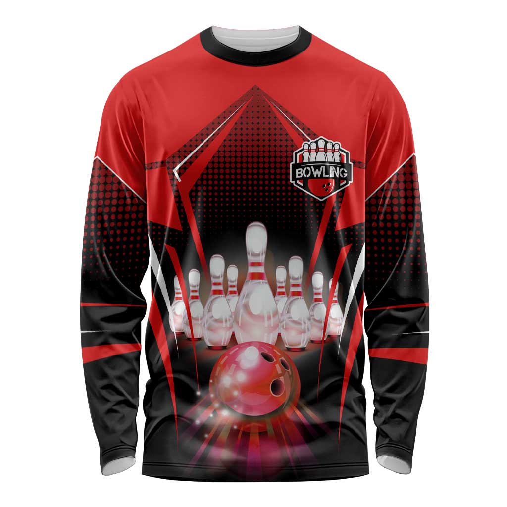 Red Bowling Strike Graphic Long Sleeve Shirt with Pins and Ball and Custom Name Design - Wonder Print Shop