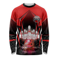 Red Bowling Strike Graphic Long Sleeve Shirt with Pins and Ball and Custom Name Design - Wonder Print Shop