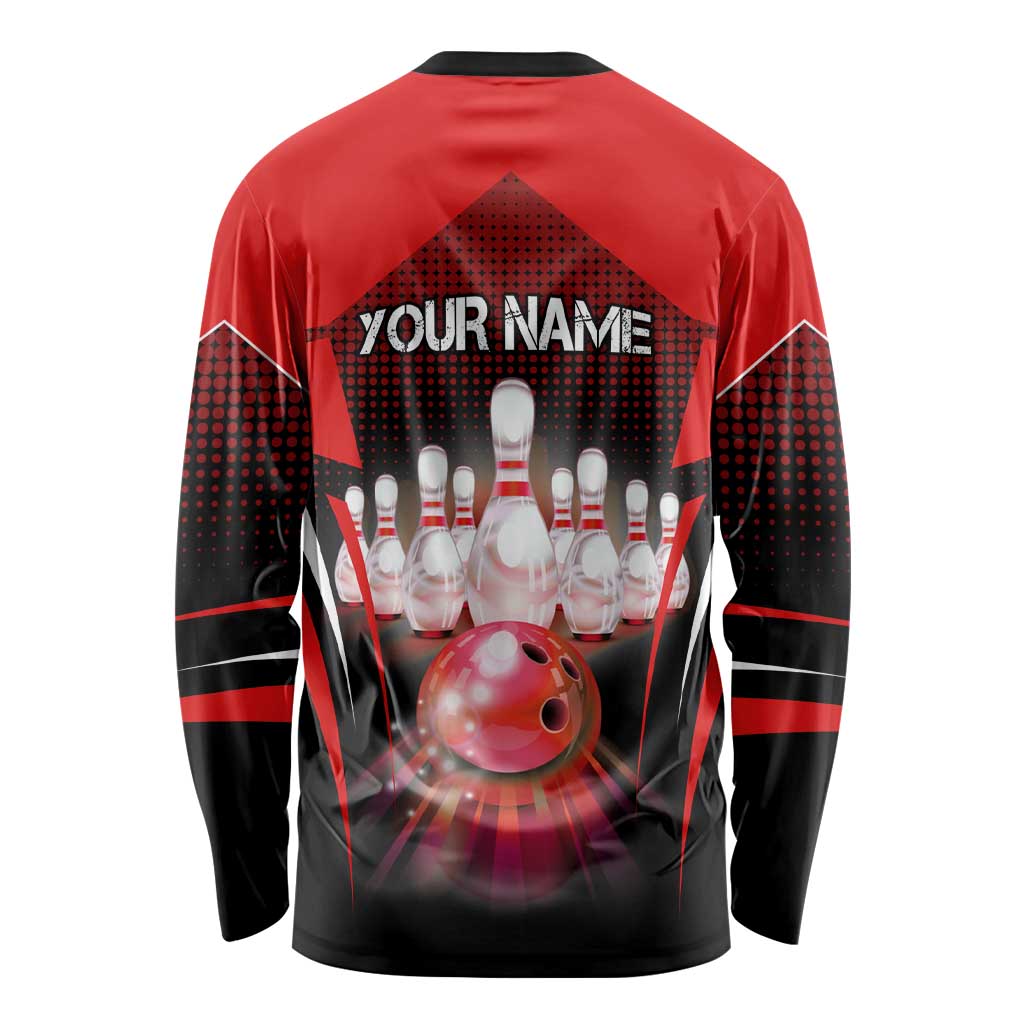 Red Bowling Strike Graphic Long Sleeve Shirt with Pins and Ball and Custom Name Design - Wonder Print Shop