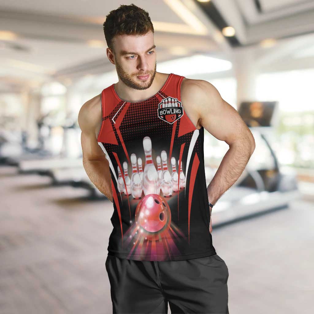 Red Bowling Strike Graphic Men Tank Top with Pins and Ball and Custom Name Design - Wonder Print Shop