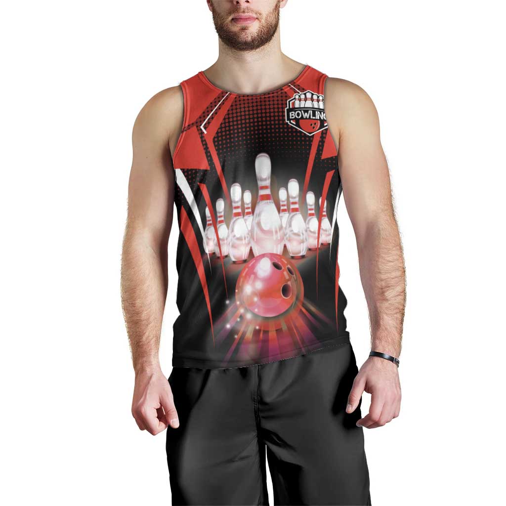 Red Bowling Strike Graphic Men Tank Top with Pins and Ball and Custom Name Design - Wonder Print Shop