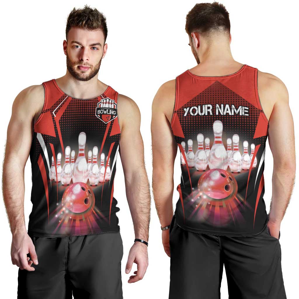 Red Bowling Strike Graphic Men Tank Top with Pins and Ball and Custom Name Design - Wonder Print Shop
