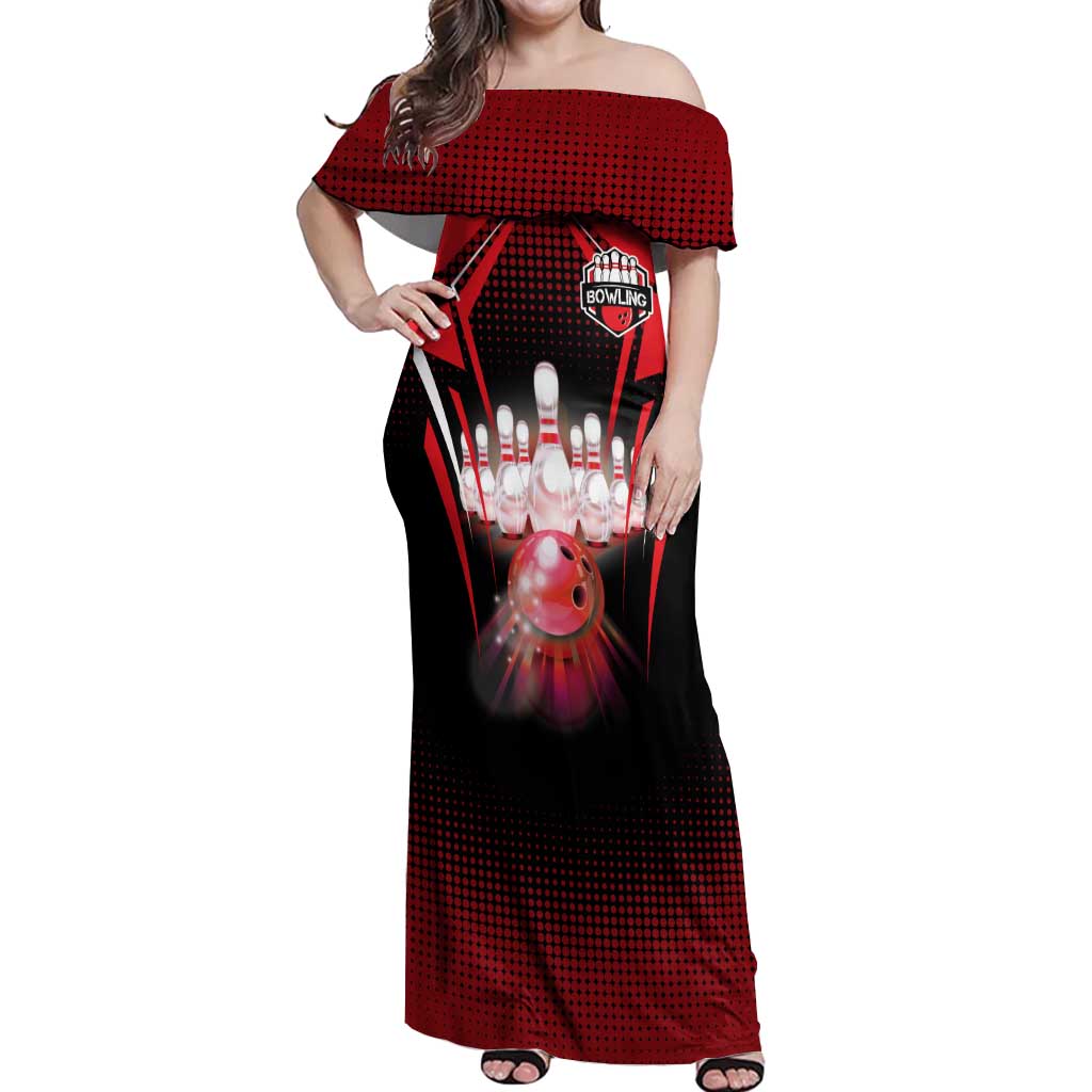 Red Bowling Strike Graphic Off Shoulder Maxi Dress with Pins and Ball and Custom Name Design - Wonder Print Shop