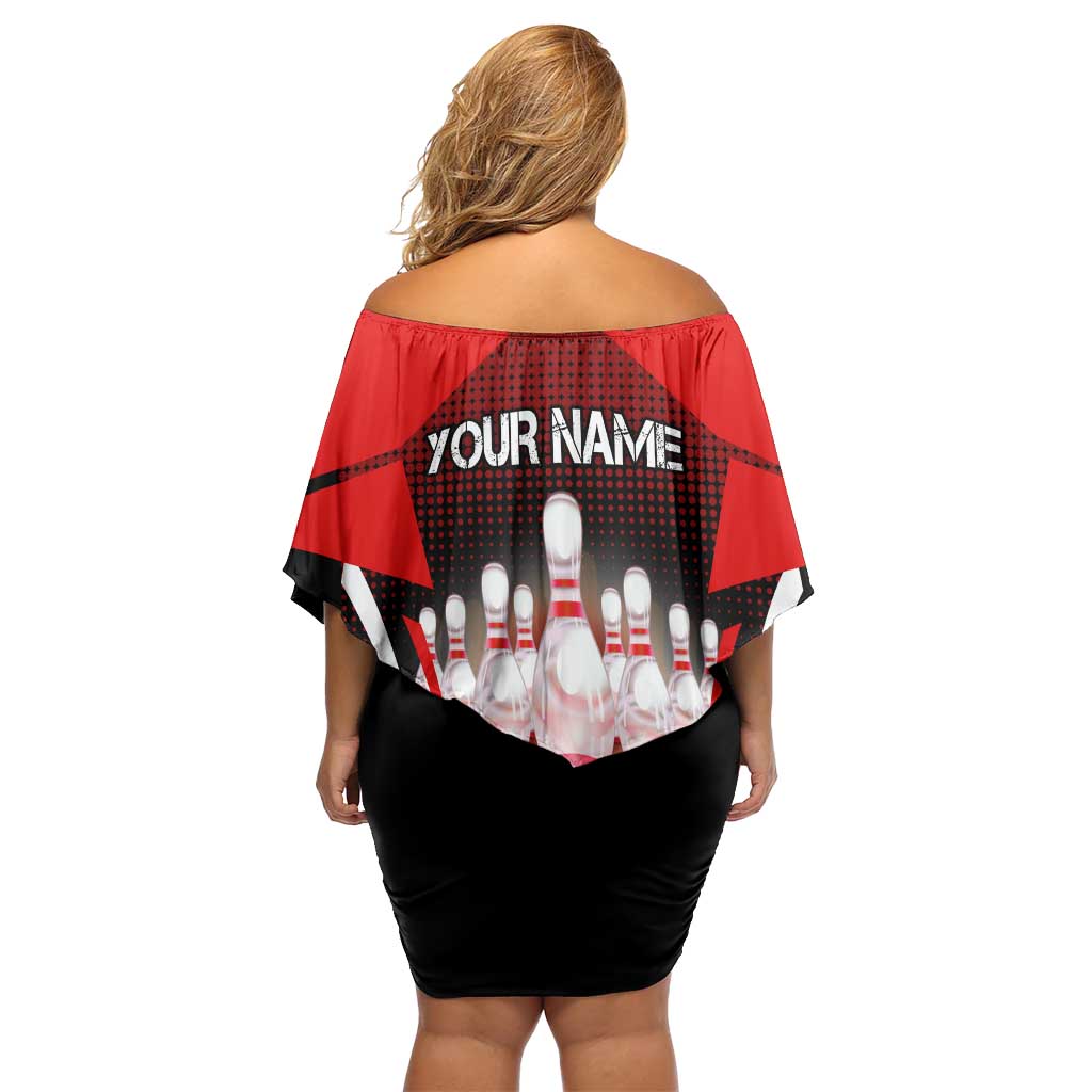 Red Bowling Strike Graphic Off Shoulder Short Dress with Pins and Ball and Custom Name Design - Wonder Print Shop
