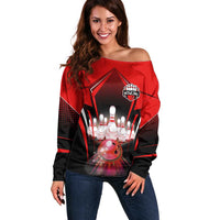 Red Bowling Strike Graphic Off Shoulder Sweater with Pins and Ball and Custom Name Design - Wonder Print Shop