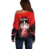 Red Bowling Strike Graphic Off Shoulder Sweater with Pins and Ball and Custom Name Design - Wonder Print Shop