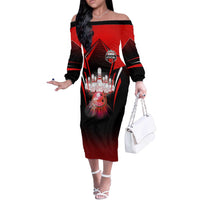 Red Bowling Strike Graphic Off The Shoulder Long Sleeve Dress with Pins and Ball and Custom Name Design - Wonder Print Shop