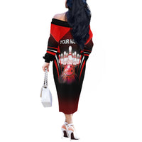 Red Bowling Strike Graphic Off The Shoulder Long Sleeve Dress with Pins and Ball and Custom Name Design - Wonder Print Shop