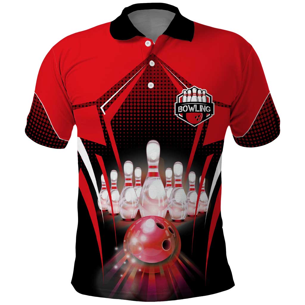 Red Bowling Strike Graphic Polo Shirt with Pins and Ball and Custom Name Design - Wonder Print Shop