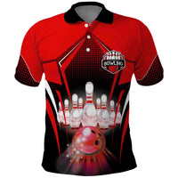 Red Bowling Strike Graphic Polo Shirt with Pins and Ball and Custom Name Design - Wonder Print Shop