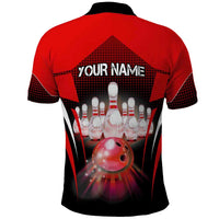Red Bowling Strike Graphic Polo Shirt with Pins and Ball and Custom Name Design - Wonder Print Shop