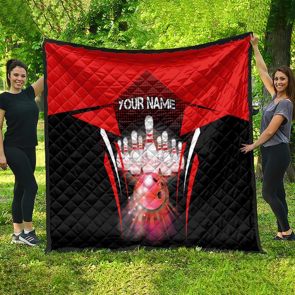 Red Bowling Strike Graphic Quilt with Pins and Ball and Custom Name Design - Wonder Print Shop