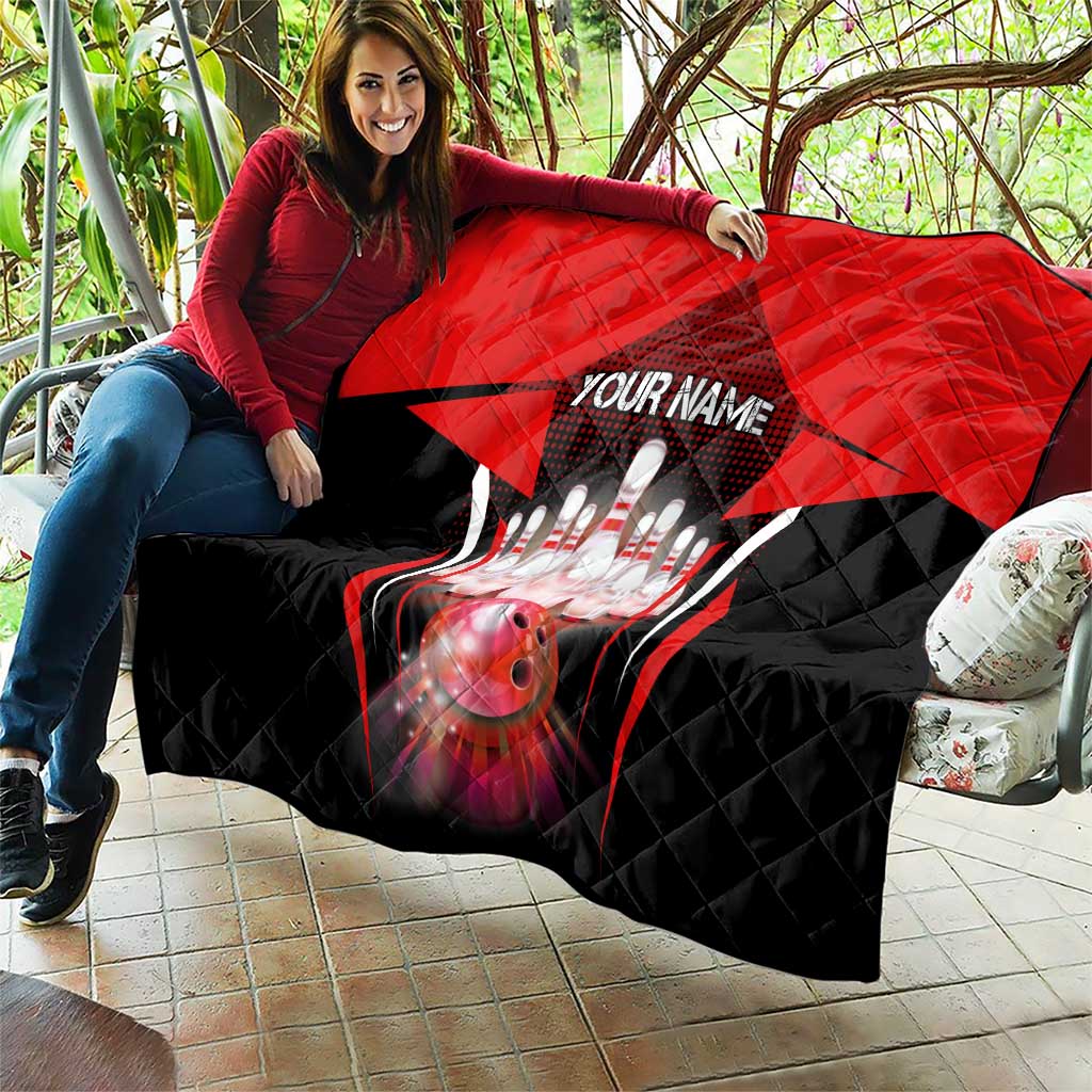 Red Bowling Strike Graphic Quilt with Pins and Ball and Custom Name Design - Wonder Print Shop