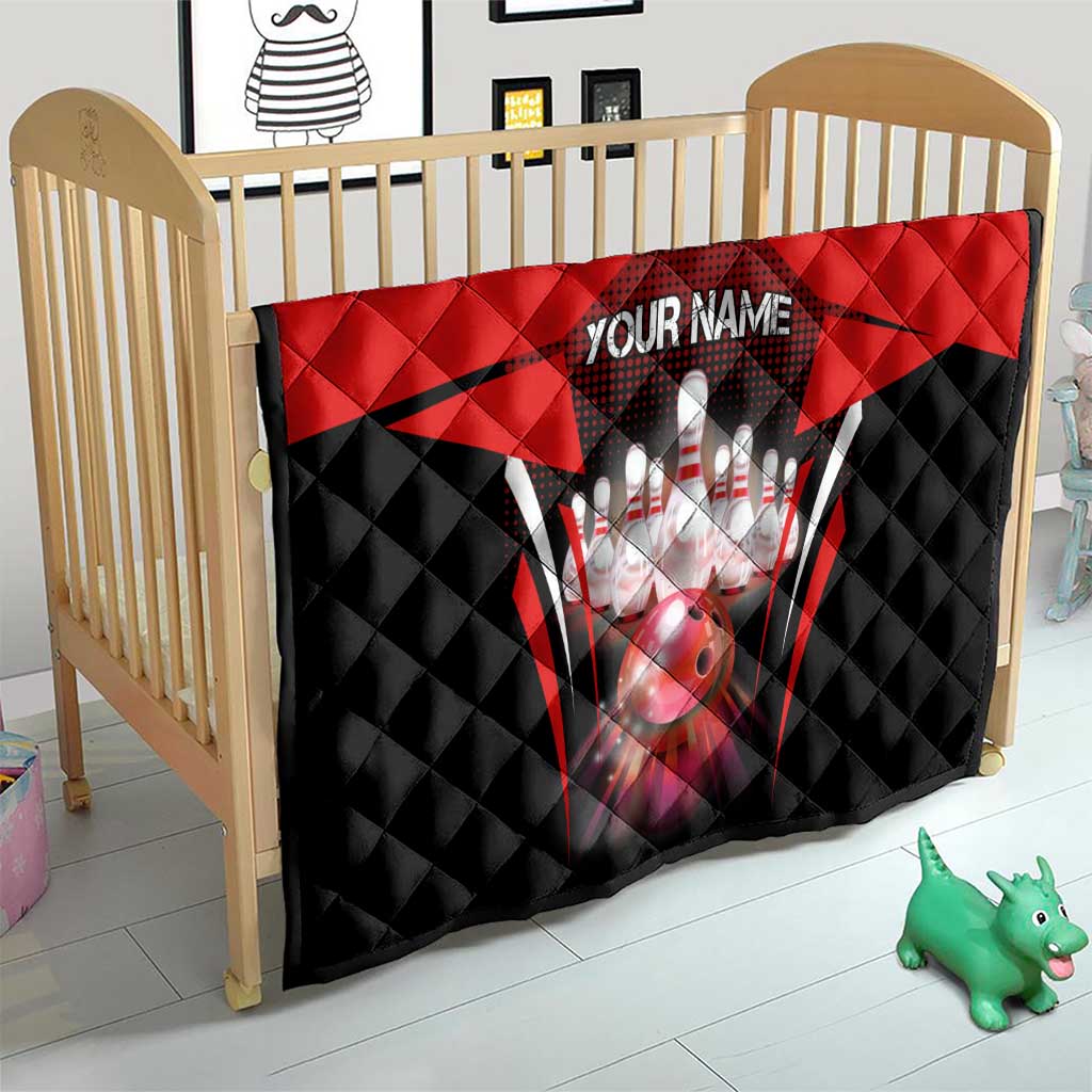 Red Bowling Strike Graphic Quilt with Pins and Ball and Custom Name Design - Wonder Print Shop