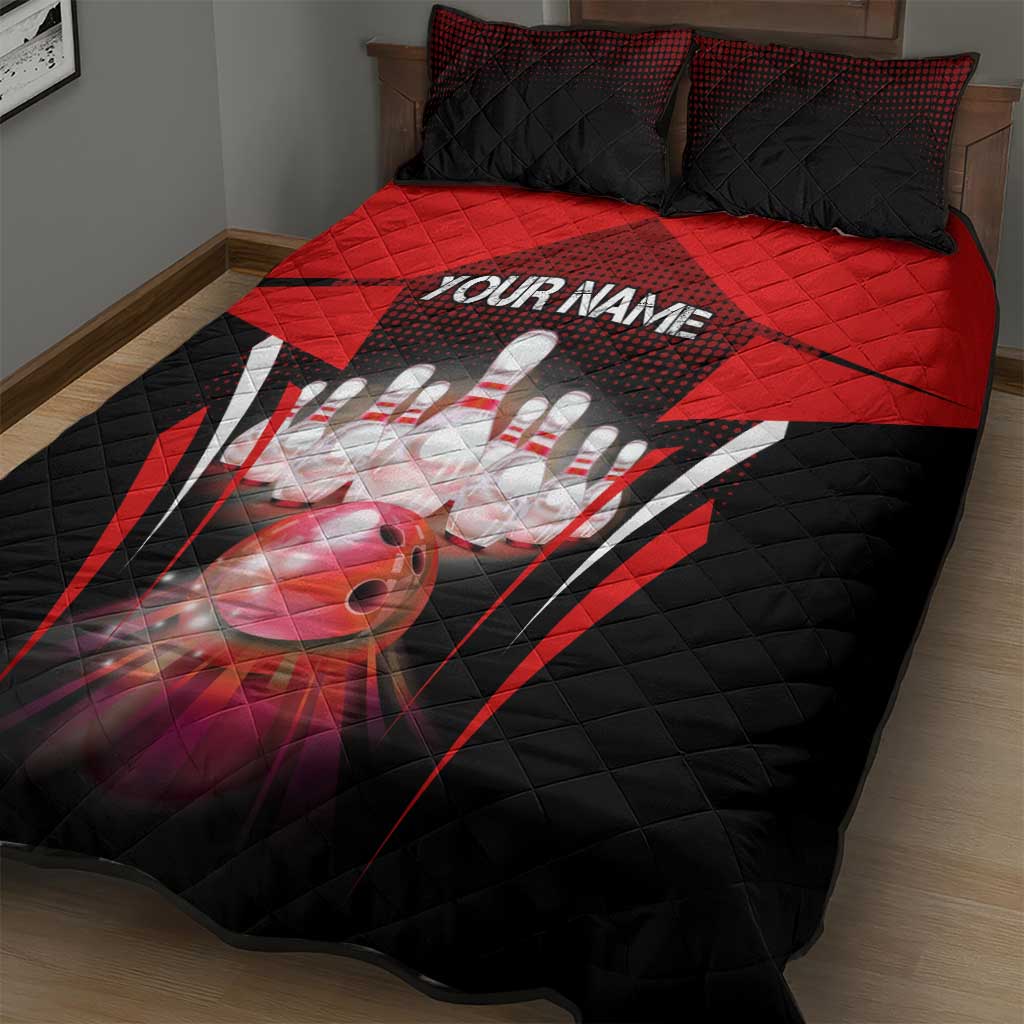 Red Bowling Strike Graphic Quilt Bed Set with Pins and Ball and Custom Name Design - Wonder Print Shop