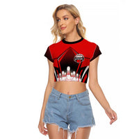 Red Bowling Strike Graphic Raglan Cropped T Shirt with Pins and Ball and Custom Name Design - Wonder Print Shop